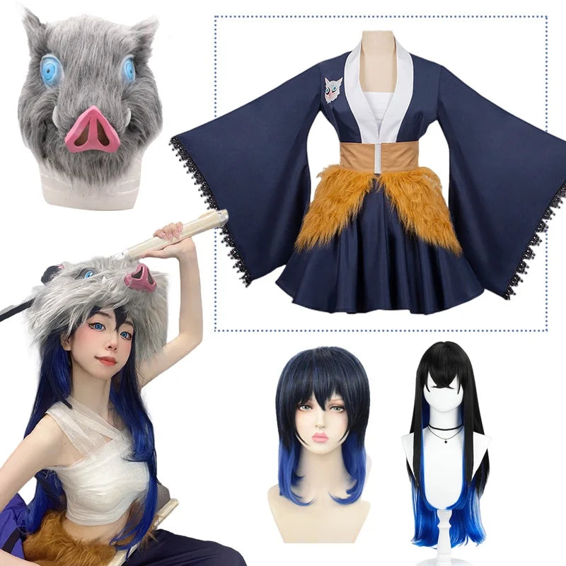 Hashibira Inosuke Cosplay Costume | Girls Dress Long Wig Maid Outfit | Demon Slayer