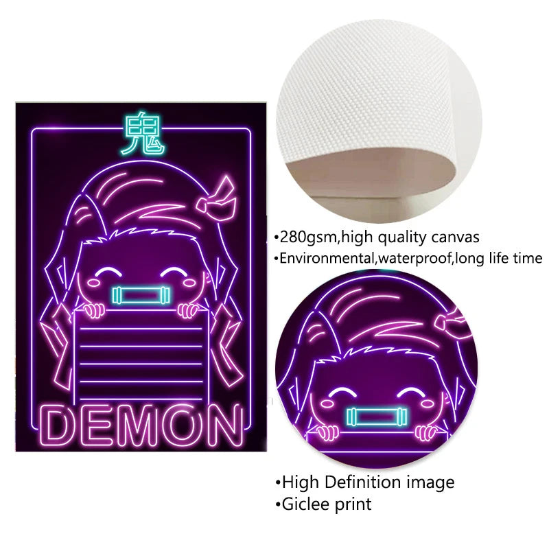 Neon Effect Figure Posters Canvas Painting | Decor | Demon Slayer