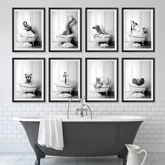 Arrival Black White Animals In Tub Bathroom Wall Art Canvas Painting | Poster | One Piece