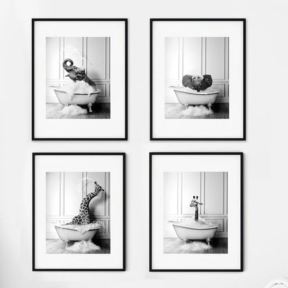 Arrival Black White Animals In Tub Bathroom Wall Art Canvas Painting | Poster | One Piece