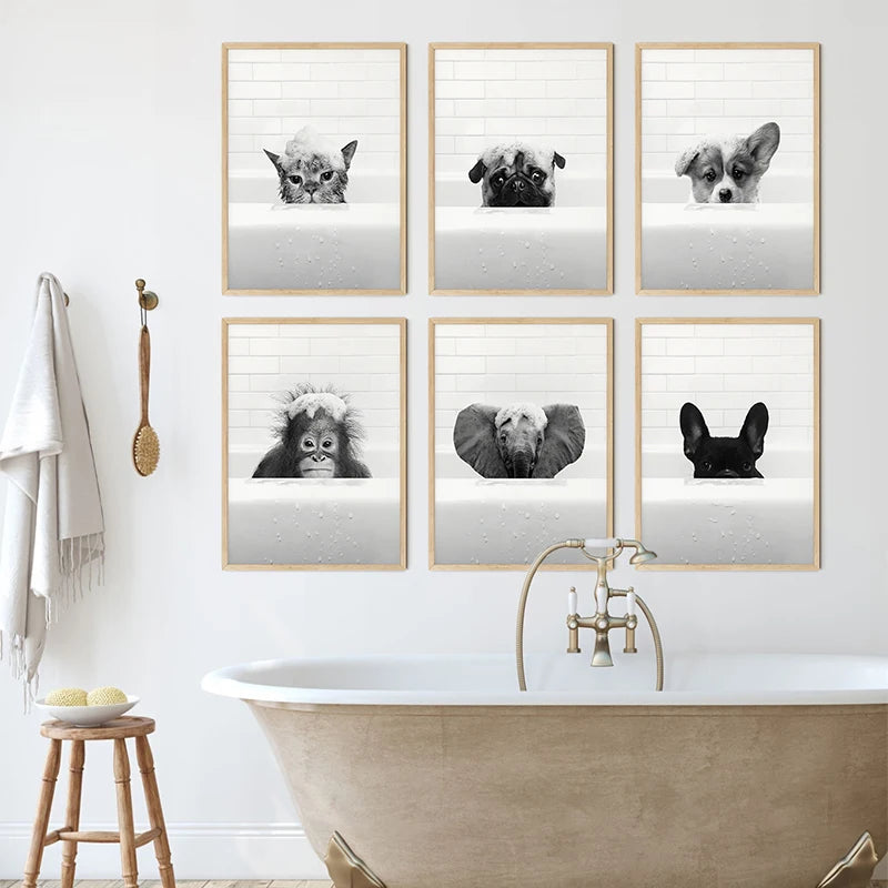 Arrival Black White Animals In Tub Bathroom Wall Art Canvas Painting | Poster | One Piece