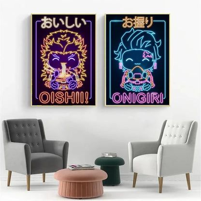 Neon Effect Figure Posters Canvas Painting | Decor | Demon Slayer