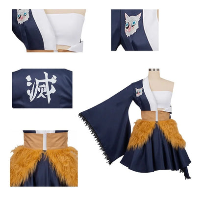 Hashibira Inosuke Cosplay Costume | Girls Dress Long Wig Maid Outfit | Demon Slayer