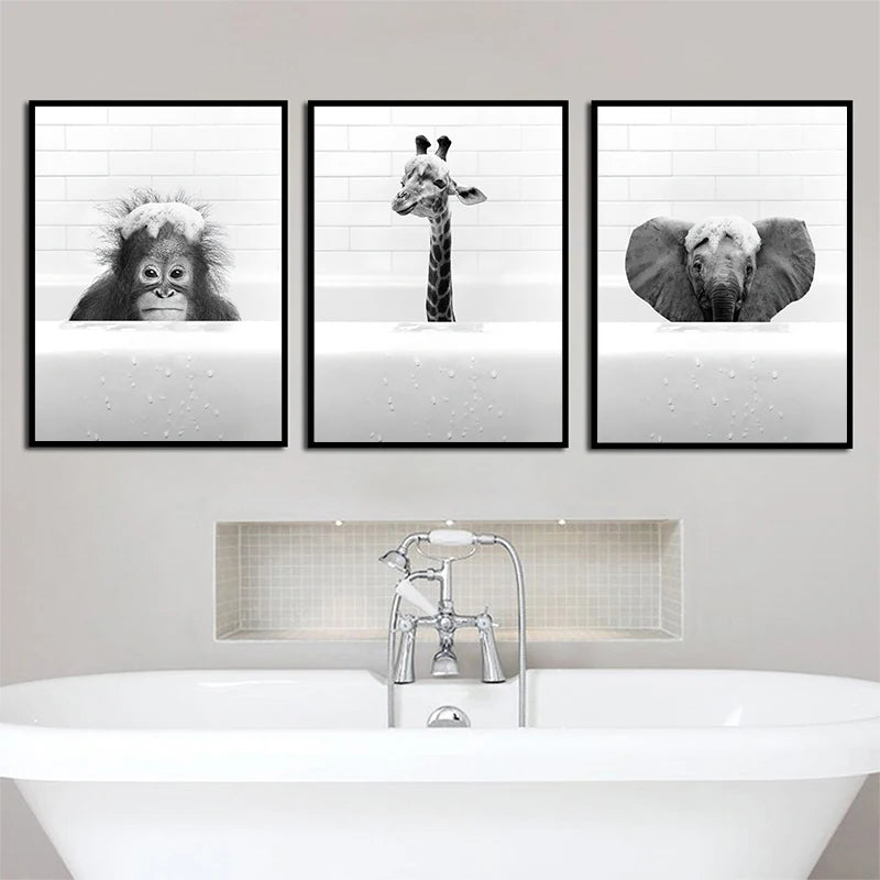 Arrival Black White Animals In Tub Bathroom Wall Art Canvas Painting | Poster | One Piece