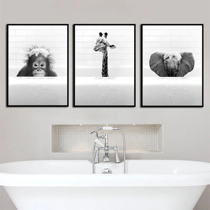 Arrival Black White Animals In Tub Bathroom Wall Art Canvas Painting | Poster | One Piece