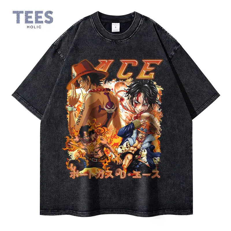 Portgas D Ace T-shirts Streetwear Vintage Washed | T-shirt | One Piece