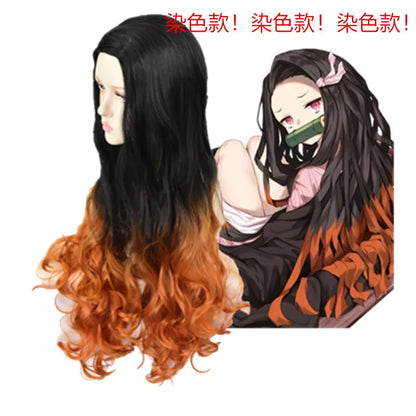 Kamado Nezuko Cosplay Wig | Long Black Brown Mixed Curly Hair | Demon Slayer